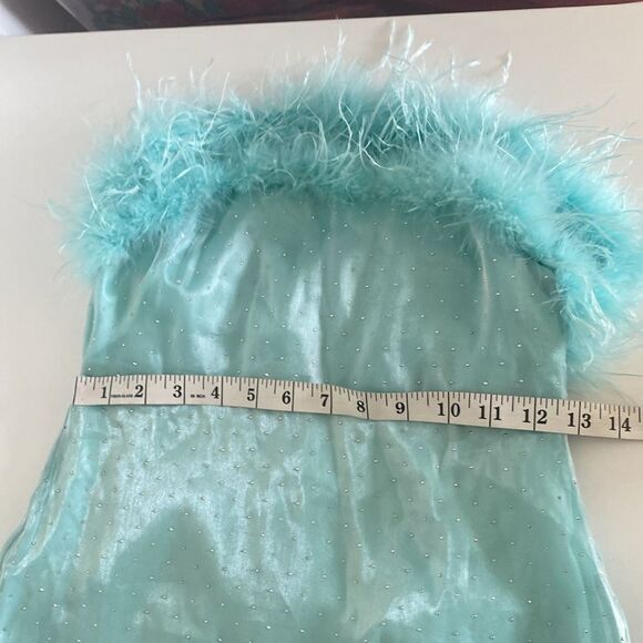 Vintage Turquoise Blue Formal Maxi Dress with Sparkles,Train, and Feathers - Picture 12 of 13